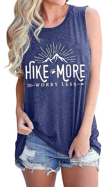 

more worry less tank women hiking shirt funny letter print tank sleeveless shirt gift for hiker 57my#, White