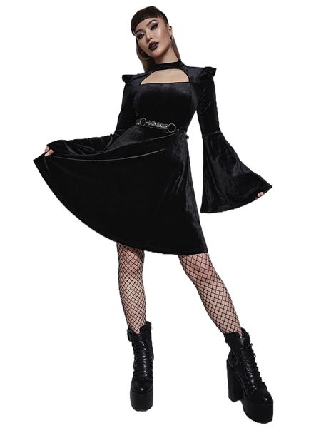 

solid flounce sleeve velvet dress f1sr#, Black;gray