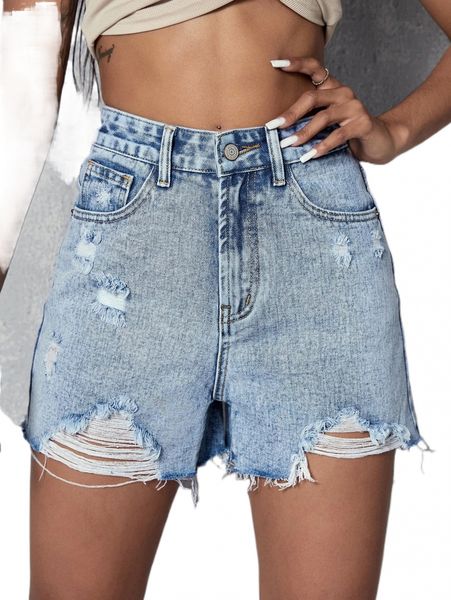 

high waist ripped raw hem denim shorts s0gd#, White;black