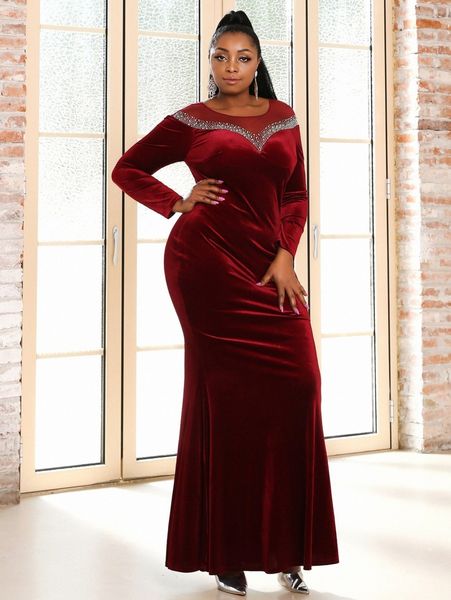 

seomiscky plus sheer mesh insert rhinestone detail velvet dress z3ns#, Black