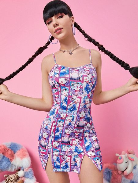 

pop art print split hem cami bodycon dress y8q2#, Black;gray