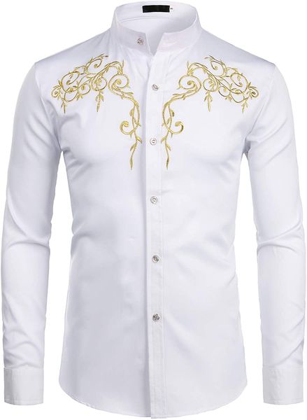 

men's floral embroidery slim fit long sleeve band collar dress shirts, White;black