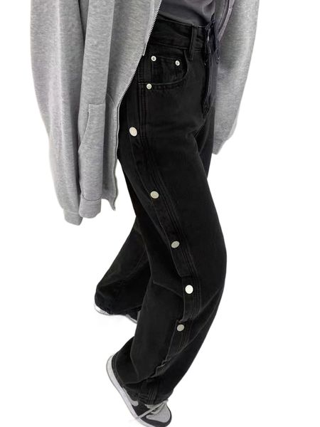 

high waist button side wide leg jeans l8xp#, Blue