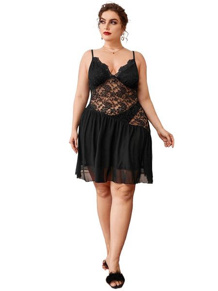 

plus contrast lace ruffle hem sleep dress without panty e7se#, Black;white