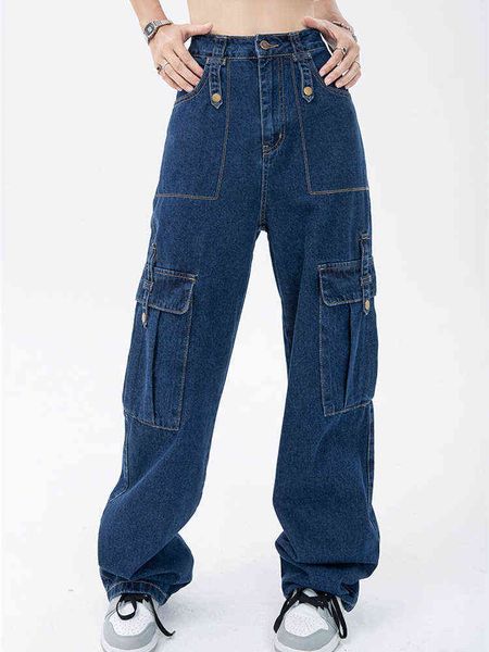

multi-pocket blue jeans women summer new loose high waist straight wide dweilen neutral overall denim pants female l220726