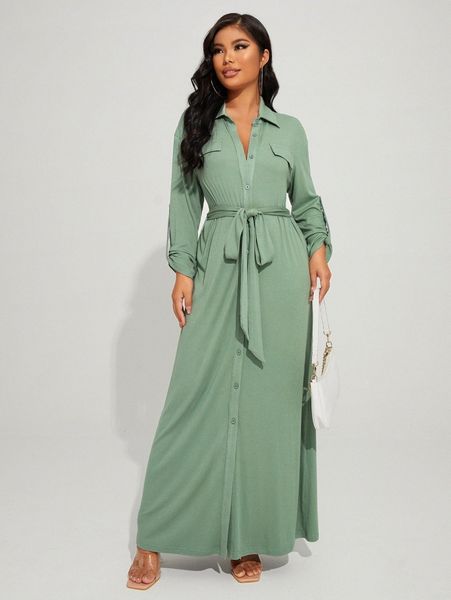 

drop shoulder button front belted dress a8km#, Black;gray