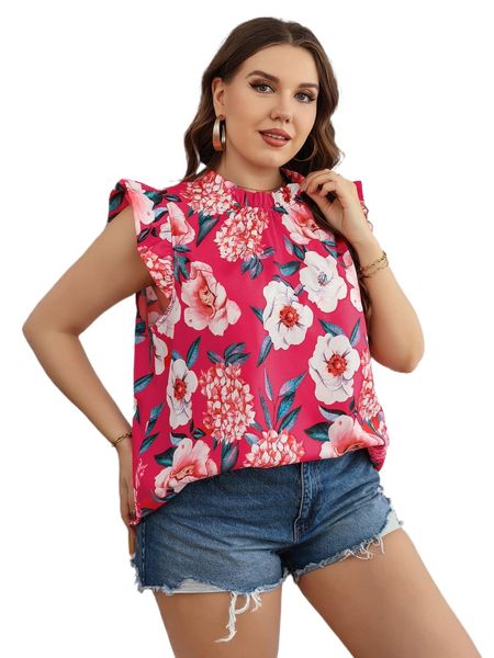 

plus floral print frill neck ruffle trim blouse f5yl#, Black