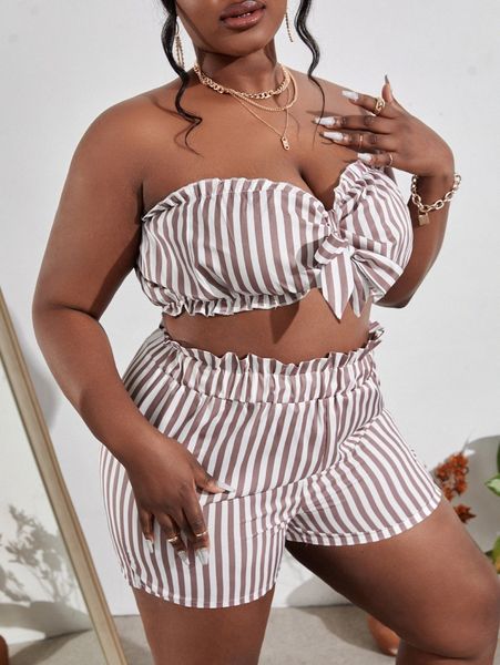 

sxy plus vertical striped knot front tube & paper bag waist shorts x9dw#, Black