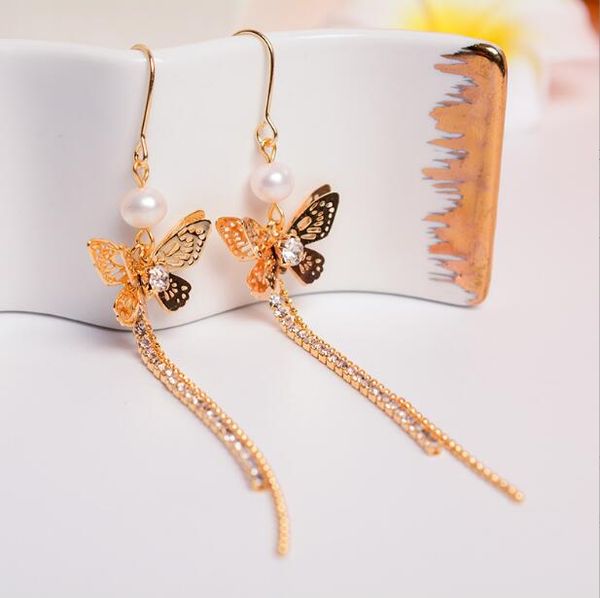 

14k gold plated long tassel butterfly ear hook dangle & chandelier natural freshwater pearl earrings white lady/girl wedding fashion jewelry, Silver