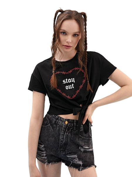 

x mystic heart slogan & heart print drop shoulder tee a8sn#, White