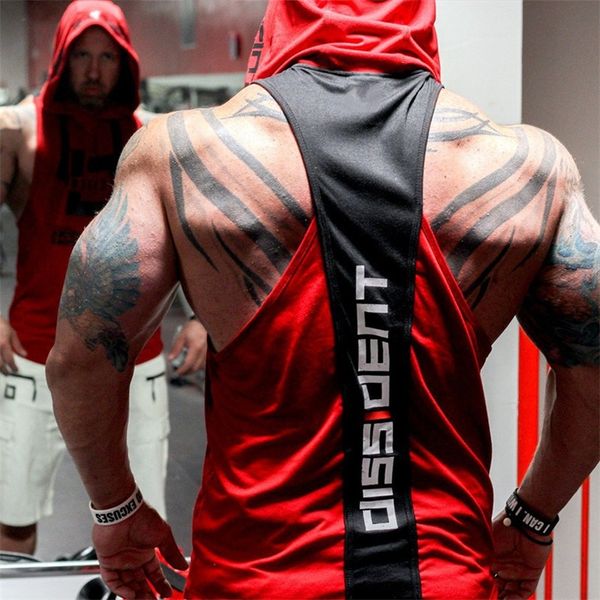 

summer bodybuilding tank with hooded mens gyms clothing fitness mens sleeveless vests cotton singlets muscle sports vest 220620, White;black