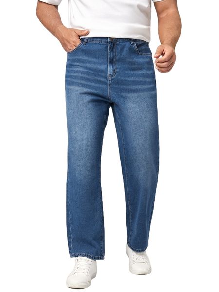 

extended sizes men slant pocket straight leg jeans v81r#, Blue
