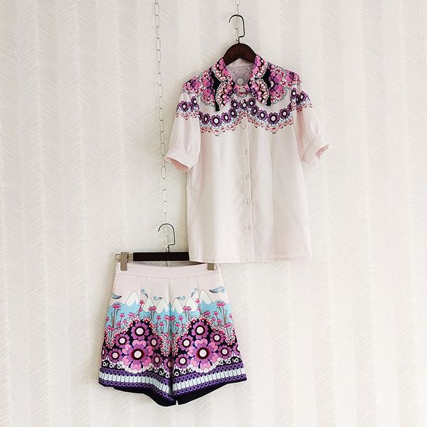 

runway two piece pants new sicilian set luxury single breasted shirt high waist flowers printed shorts office lady, White