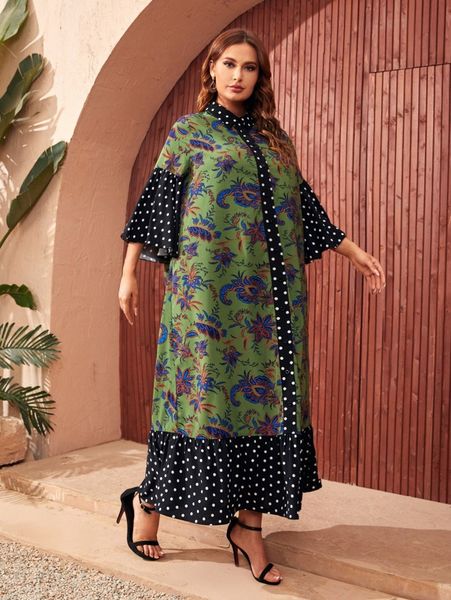 

plus paisley & polka dot print ruffle hem button front dress t27k#, Black