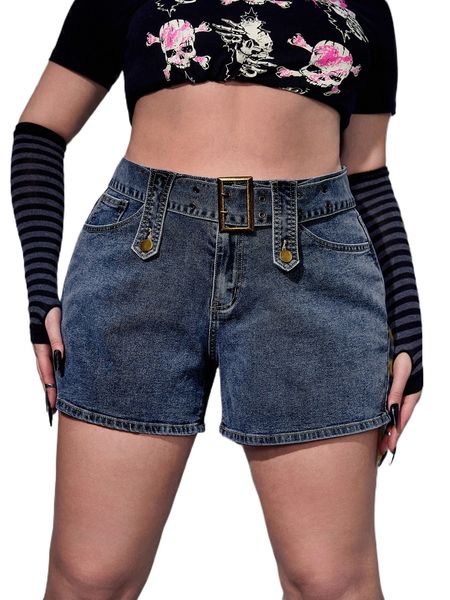 

plus high waisted belted denim shorts r6tg#, White;black