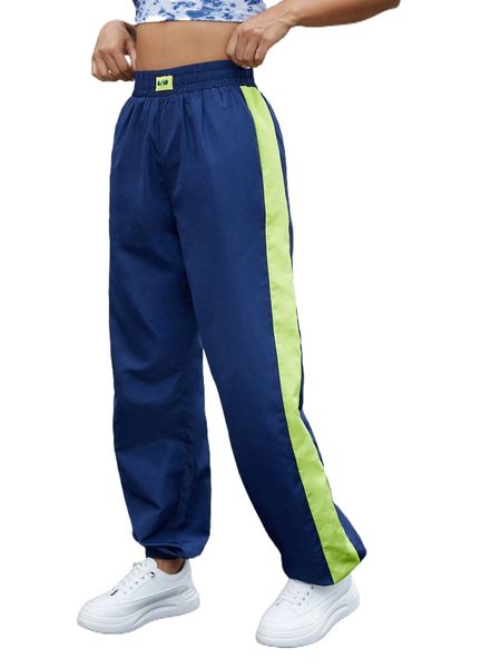 

contrast side seam letter patched detail pants r62w#, Black;white