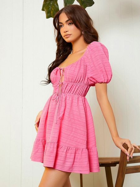 

puff sleeve tie front ruffle hem dress g58k#, Black;gray