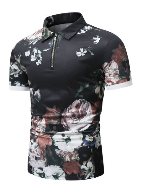 

men floral print quarter zipper polo shirt r2qe#, White;black