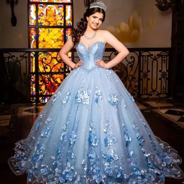 NEU Hellblaues Quinceanera-Kleid Prinzessin Ballkleid Schatz ärmellos 3D-Blumen Perlen Party Sweet 16 Vestidos De 15 A￱os