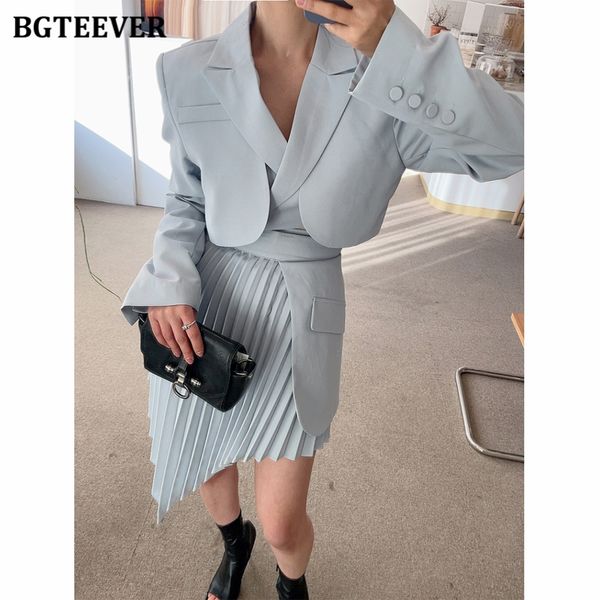 

chic women skirt suits women short blazer &amp elastic waist female pleated skirt irregular patchwork female 2 pieces set, White