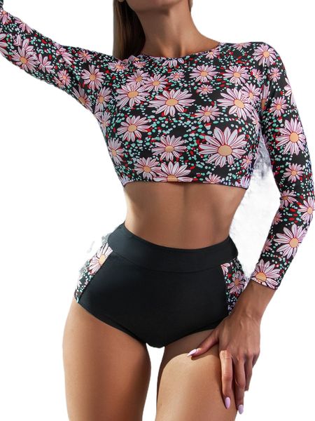 

floral print high neck shorts bikini swimsuit x4gv#, White;black
