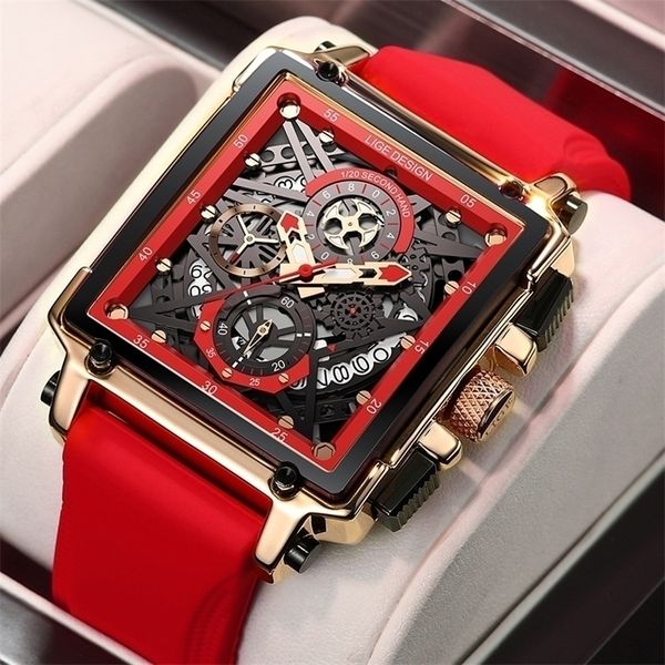 

lige 2022 men watch brand luxury waterproof quartz square wrist watches for men date sports silicone clock male montre homme 220805, Slivery;brown