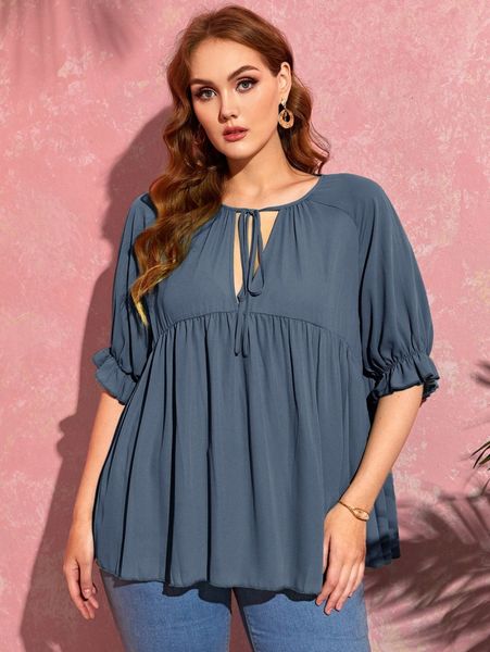 

plus solid puff sleeve tie neck blouse w8b5#, Black