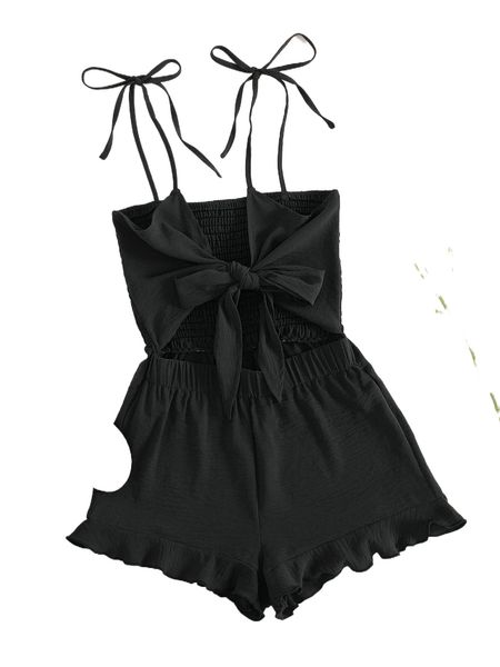 

knot detail shirred ruffle hem cami romper n7z5#, Black;white