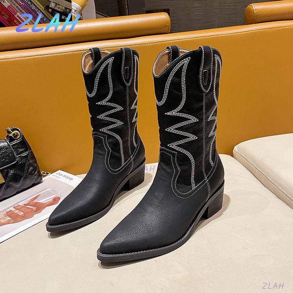 

style retro embroidery western cowboy pu leather midcalf thick heel shoes zlah womens boots 220815, Black