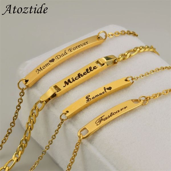 Atoztide Custom Baby Name Bar Nameplate Bracelet Para Aço Inoxidável Feminino Crianças Cadeia de Elos Ajustáveis Personalizada Jóias Presente 220716