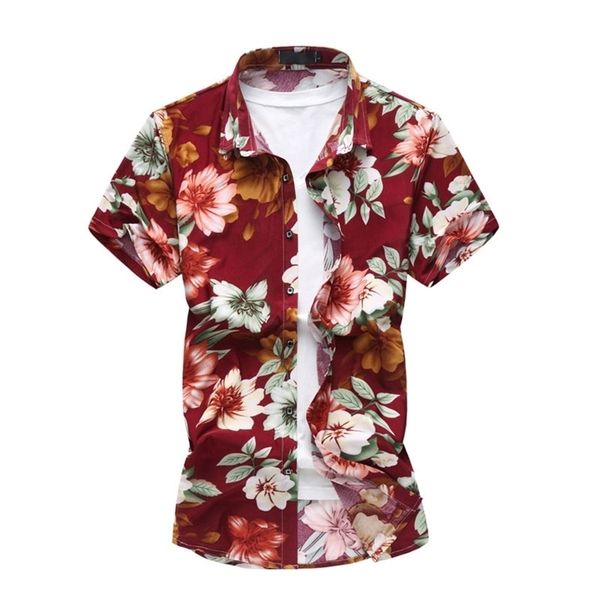 

men clothing summer fashion short sleeve men's shirts cotton beach men red flower shirt big size 4xl 5xl 6xl hawaii shirt 210412, White;black