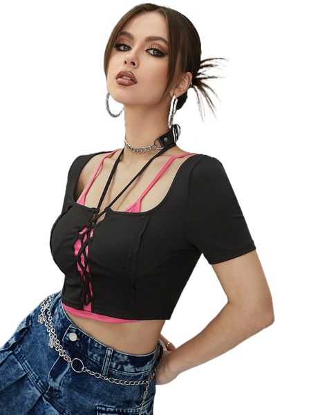 

ribbed knit lace up tie back crop r0qe#, White