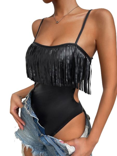 

fringe trim lace up backless bodysuit t5ex#, White