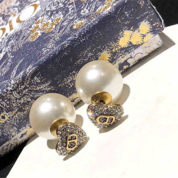

love diamond pearl earrings women's red style versatile temperament high version 925 silver needle earrings, Golden