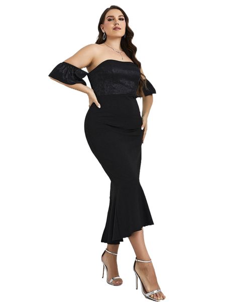 

plus floral jacquard off shoulder mermaid hem slit back dress v5vi#, Black