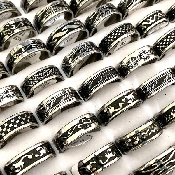 

whole 30pcs black lines stainless steel rings mix men women band party gifts fashion punk retro jewelry208t, Silver