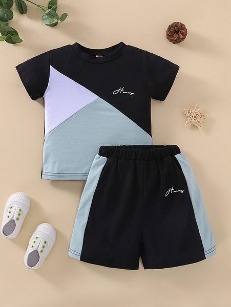 

toddler boys color block letter graphic tee with shorts she, White