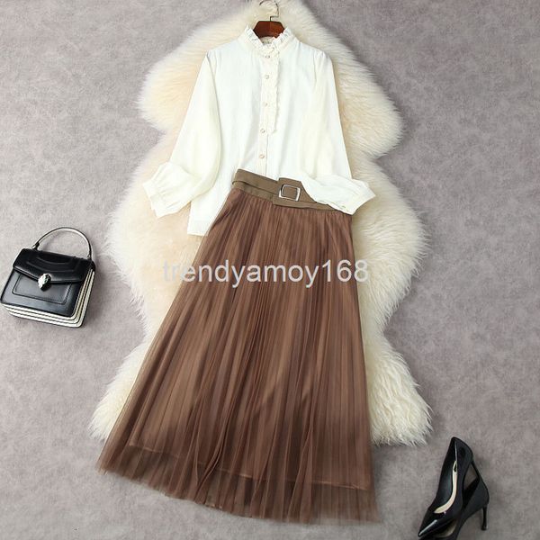 

women's two piece pants spring women's ear edge stand collar single breasted shirt + high waist pleated mesh skirt set b2008, White