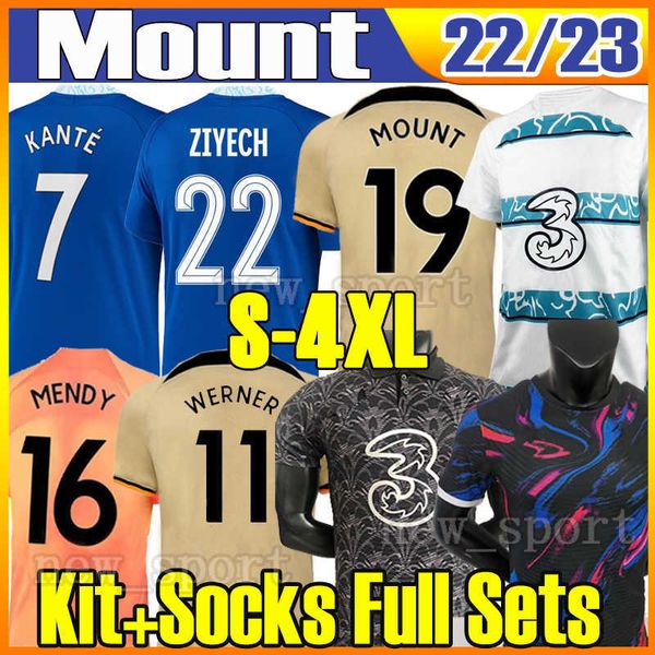 

s-4xl sterling mount 22 23 cfc soccer jerseys player champions limited-edition havertz kante werner pulisic ziyech 2022 2023 men kit socks, Black;yellow