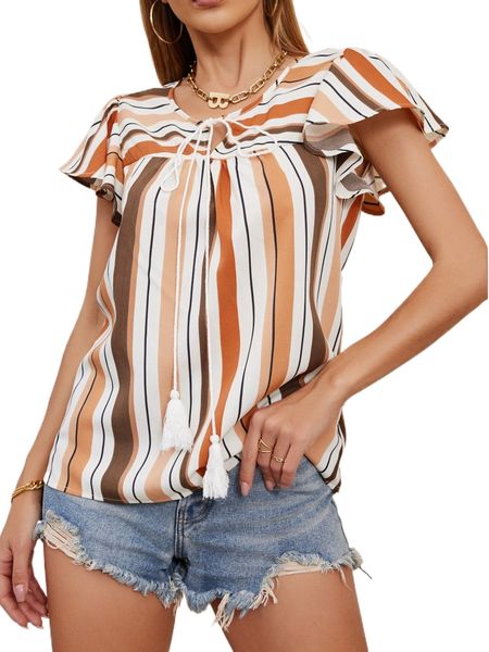 

striped tie neck butterfly sleeve blouse j9yd#, White