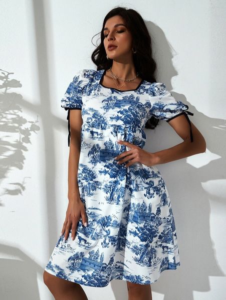 

allover print tie sleeve dress c1uv#, Black;gray
