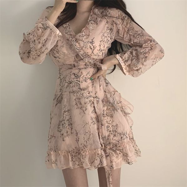 Vintage Rüschen V-Ausschnitt Koreanische Kleider für Frauen Korea Japanischer Stil Blumenbedrucktes A-Linie Chiffonkleid Rosa Schwarz Sommer 220514