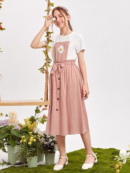 

teen girls floral print tee and paperbag waist skirt set she, White