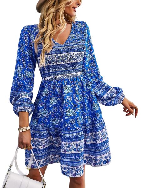 

floral print lantern sleeve shirred dress 56wu#, Black;gray