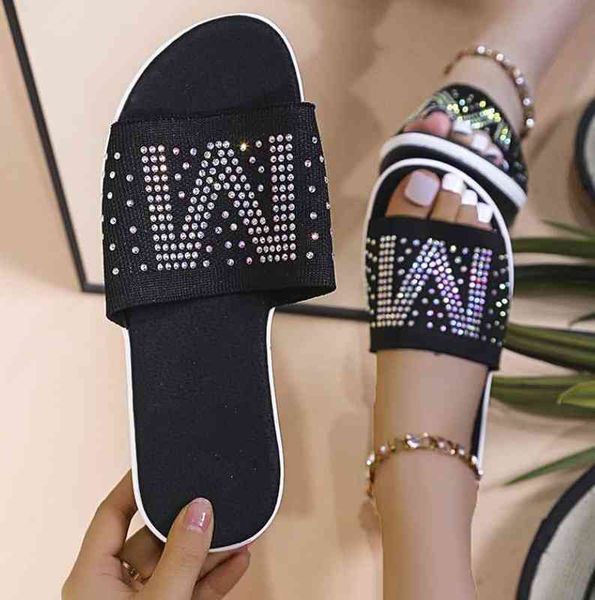 

2022 slippers women fashion rhinestones mesh shoes solid platform non-slip sandals summer casual beach slides zapatos mujer y220412, Black