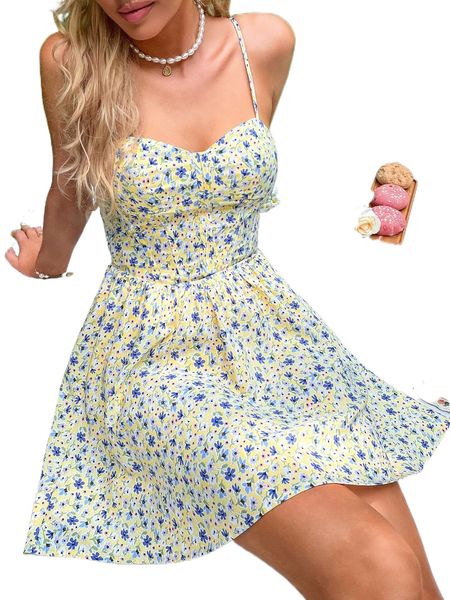 

ditsy floral shirred back cami dress 15mh#, Black;gray
