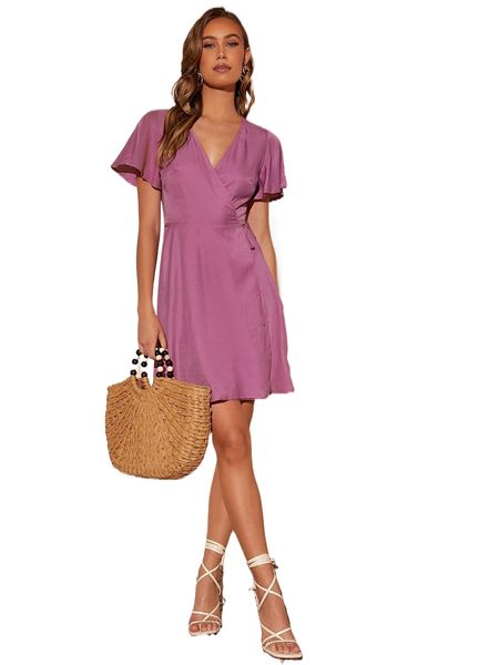 

surplice neck butterfly sleeve knot side wrap dress c7xi#, Black;gray