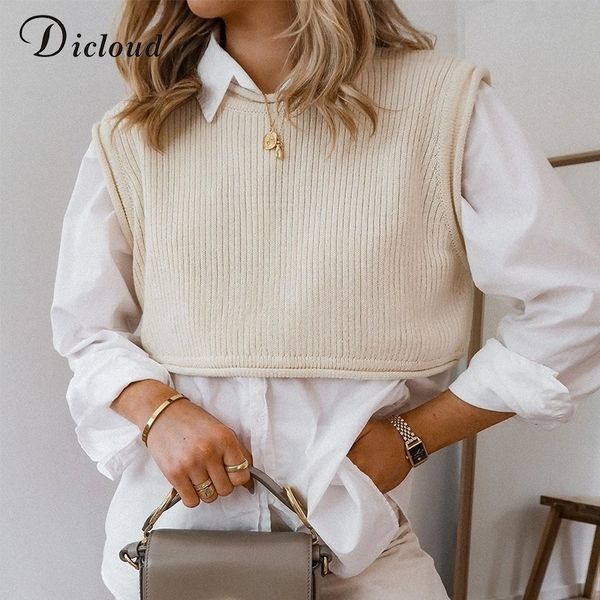 

dicloud womens knitted vest autumn winter round neck cropped sweater fashion sleeveless pullovers ladies fashion streetwear y201128, Black;white