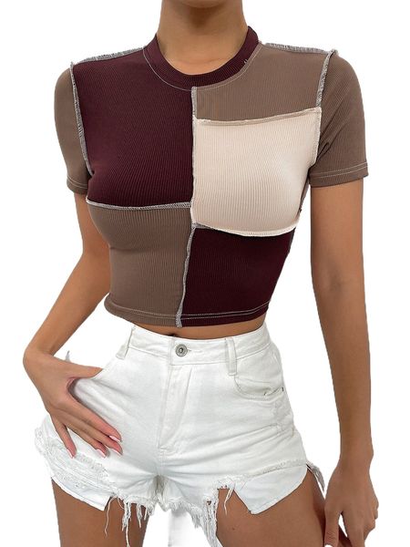 

colorblock titching rib knit mock neck s0io#, White