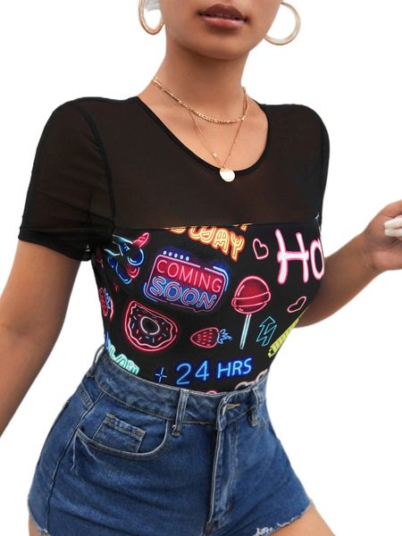 

floral & letter graphic contrast mesh tee 83xw#, White